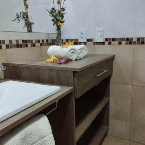 a bathroom with a wooden counter with a sink at By Muni Apartamentos Premium in Tanti