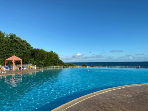 a swimming pool with a view of the ocean at Ti Kaz Emeraude - Mer, soleil et sable fin, piscine et tennis in Saint-François