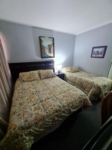 a bedroom with two beds and a picture on the wall at NEW HOTEL CRUZ DEL SUR in Concepción