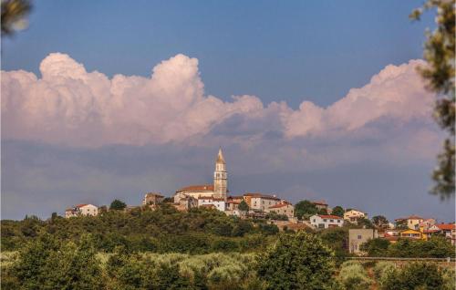 a town on top of a hill with a clock tower at Amazing Home In Visnjan With Sauna in Prhati