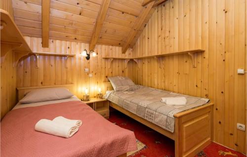 a bedroom with two beds in a wooden cabin at Stunning Home In Mrkopalj With Sauna in Mrkopalj