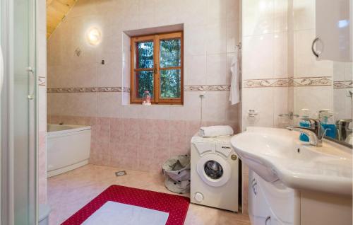 a bathroom with a sink and a washing machine at Stunning Home In Mrkopalj With Sauna in Mrkopalj