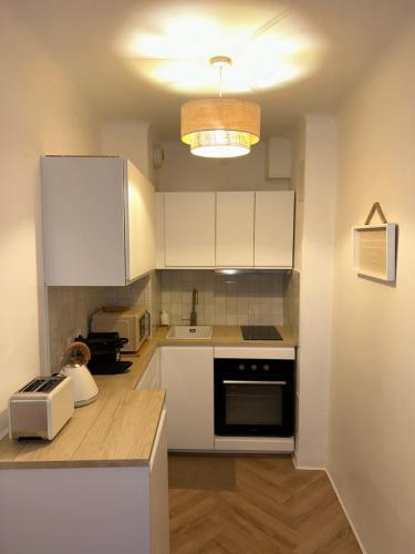 une cuisine avec des armoires blanches et un four à plaques de cuisson dans l'établissement Cosy Studio Centre Strasbourg, à Strasbourg