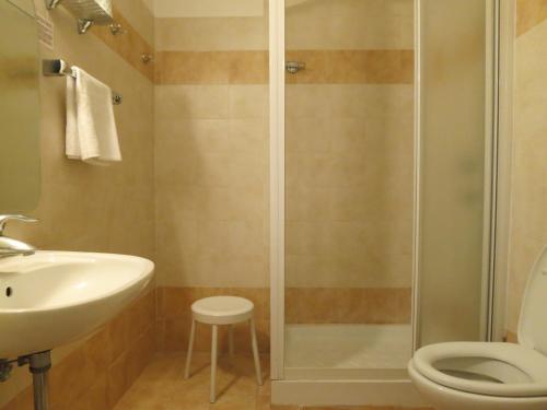 y baño con ducha, aseo y lavamanos. en Hotel Katty, en Roma