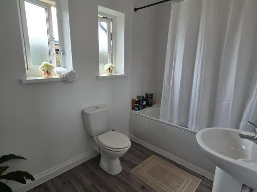 a white bathroom with a toilet and a sink at Heathrow, Hounslow, Beautiful Modern Home in Cranford