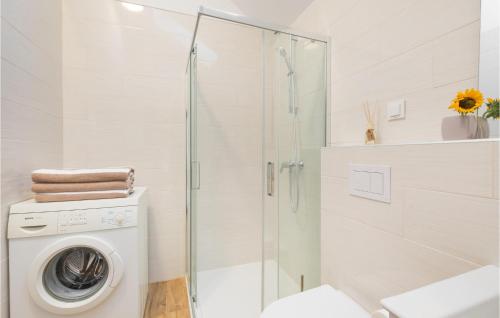 a white bathroom with a washing machine and a shower at Beautiful Home In Bedenica With Sauna in Bedenica