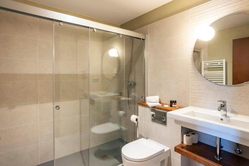 a bathroom with a shower and a toilet and a sink at Abbatissa Hotel Restaurant in Sant Joan de les Abadesses