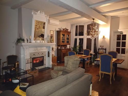 a living room with a couch and a fireplace at B&B Le Jardin in Pelt
