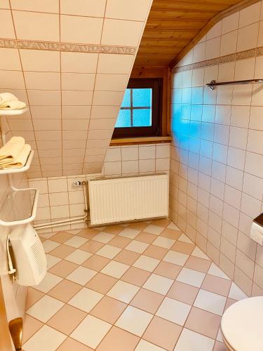 a bathroom with a toilet and a window at Unerzhuberhof in Ramsau am Dachstein