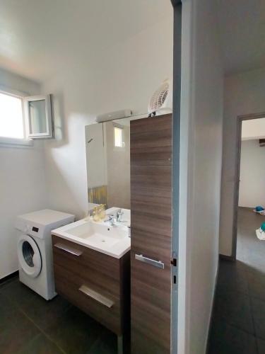 une salle de bain avec un lavabo et une machine à laver dans l'établissement L'Écrin de Pamiers - Appt climatisé pour 6, à Pamiers