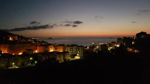 a view of a city at night at Monolocale con veranda e giardino a Rio Marina in Rio Marina