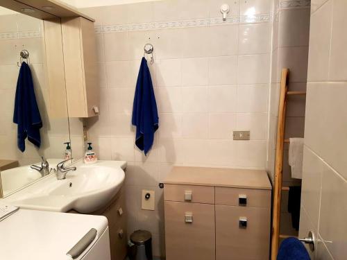 a bathroom with a sink and a toilet and a mirror at Monolocale con veranda e giardino a Rio Marina in Rio Marina