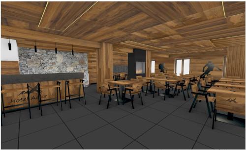 a rendering of a restaurant with tables and chairs at Hotel Adler in Foppolo