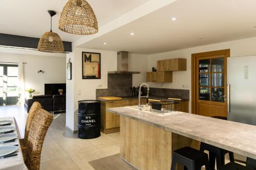 une cuisine avec un grand îlot au milieu dans l'établissement Mas Emilie, séjour familial au calme avec piscine, à Châteaurenard