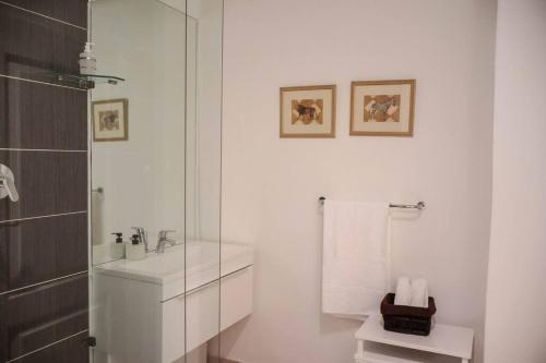 a white bathroom with a sink and a shower at Vaal River Garden Cottage in Theoville