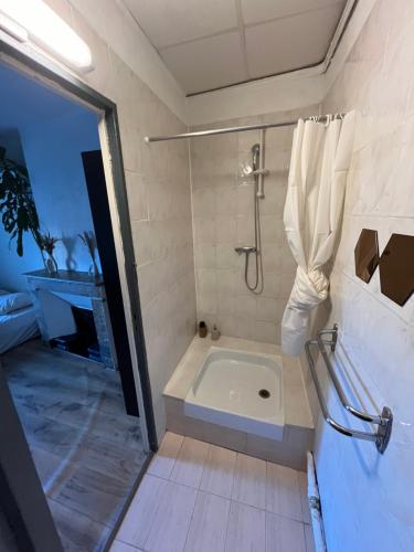 une salle de bain avec douche et baignoire dans l'établissement Le Jean Jaurès - 50m de la Place de la Comédie, à Montpellier