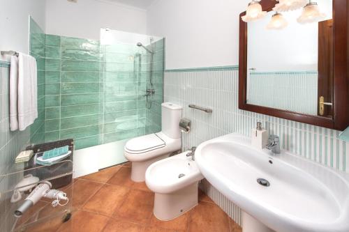 une salle de bain avec un lavabo, des toilettes et un miroir dans l'établissement Suite Tramuntana im Es Llobets, à Llucmajor
