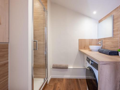 a bathroom with a sink and a washing machine at Le Petit Aravis - village et vue panoramique in La Giettaz