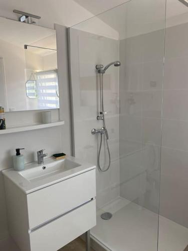 une salle de bain blanche avec une douche et un lavabo dans l'établissement Le Mazet du Village, à Arles