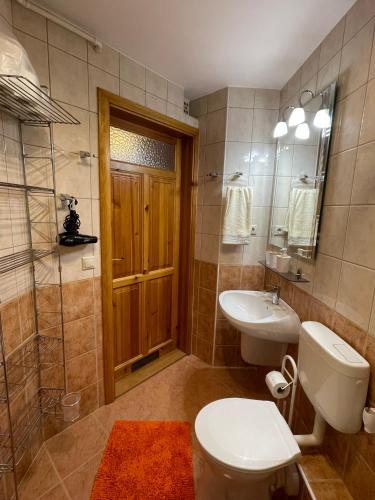 a bathroom with a toilet and a sink and a mirror at NEVA apartman in Hévíz