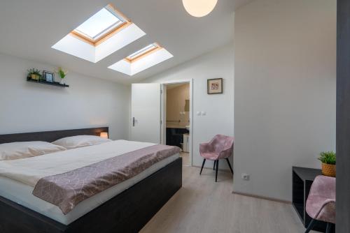 a bedroom with a bed and a skylight at Rezidence Sunny Hill in Frymburk