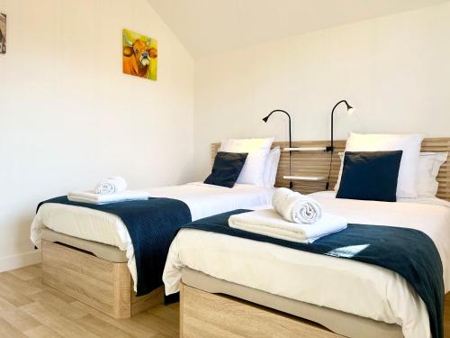 a room with two beds with towels on them at Gîte du Moulin- Clim Parking Vélo Tourisme - CLG Savoie in Villard-dʼHéry