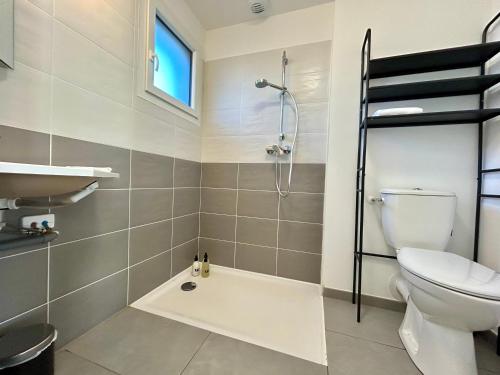 a bathroom with a toilet and a shower at Gîte du Moulin- Clim Parking Vélo Tourisme - CLG Savoie in Villard-dʼHéry