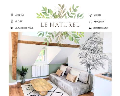 a living room with a couch and a table at JOLI MANSARDÉ au Calme - Le Jardin de l'Evêché a votre Fenêtre in Lisieux