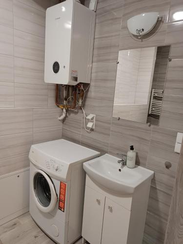 a small bathroom with a washing machine and a sink at minimalistic in Żory