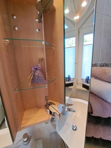 a bathroom with a sink and a mirror at Ferienwohnung Falkenhof in Lindlar