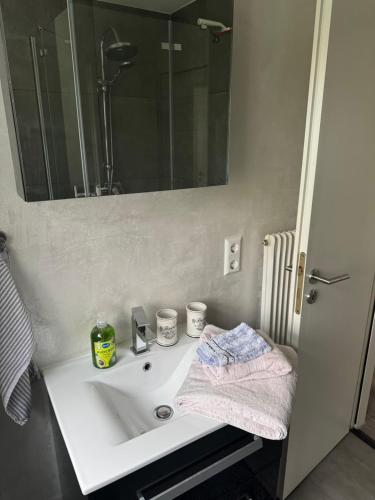 a white bathroom sink with a mirror and towels at FeWo Tanja - Privatzimmer in Rickenbach
