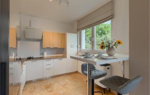 a kitchen with white cabinets and a table and a window at Villa Kate in Žminj