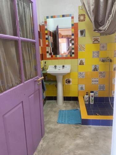 a bathroom with a sink and a mirror at House with Forest View in Lajes das Flores