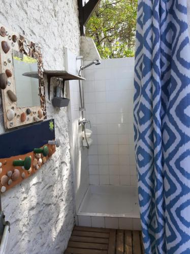 La salle de bains est pourvue d'une douche et d'un miroir. dans l'établissement Agréable maison au Pyla sur mer 6 personnes, à La Teste-de-Buch