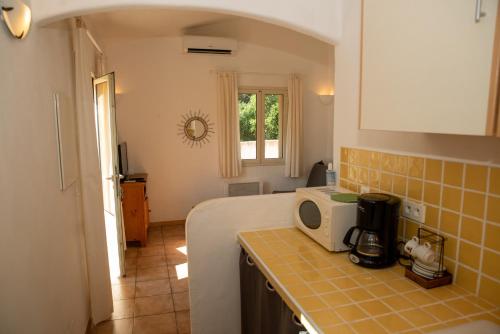 une cuisine avec un comptoir avec un micro-ondes dans l'établissement Mini villa indépendante idéale et très bien située, à Porto-Vecchio