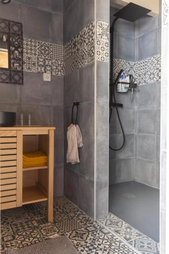 La salle de bains est pourvue d'une douche, d'un lavabo et d'un comptoir. dans l'établissement Beloesieje gites, à Castelsagrat