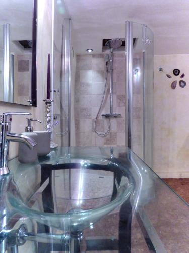 a glass sink in a bathroom with a shower at Domaine de Cantegrel - Gîtes de Charme et Suite Troglodyte en Périgord in Vitrac