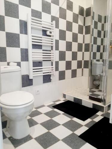 La salle de bains est pourvue de toilettes et d'un sol en damier. dans l'établissement Emplacement idéal 450 métres du Palais croisette plage, à Cannes