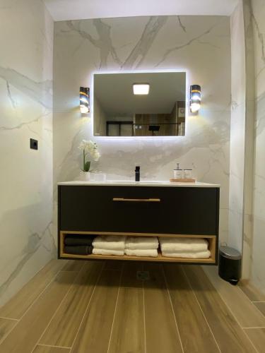 a bathroom with a sink and a mirror at Penthouse San Casa Sebeș in Sebeş