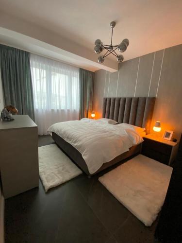 a bedroom with a large bed and two rugs at Penthouse San Casa Sebeș in Sebeş