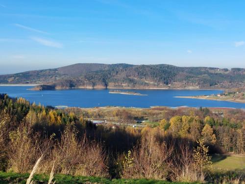 a view of a lake from a hill with trees at Dom na Wyłączność z Wanną z Hydromasażem, Sauną i Basenem in Mucharz