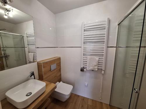 a bathroom with a sink and a toilet and a shower at Dom na Wyłączność z Wanną z Hydromasażem, Sauną i Basenem in Mucharz