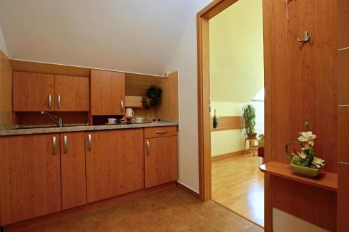 a large kitchen with wooden cabinets and a hallway at Wellness Penzion Pod Rozhlednou in Kostelec nad Orlicí