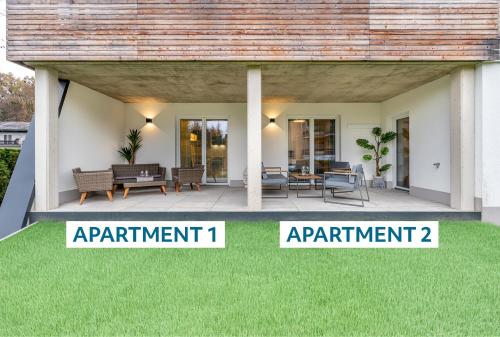 a rendering of a house with a patio with green grass at Well-Home Apartments Velden in Velden am Wörthersee