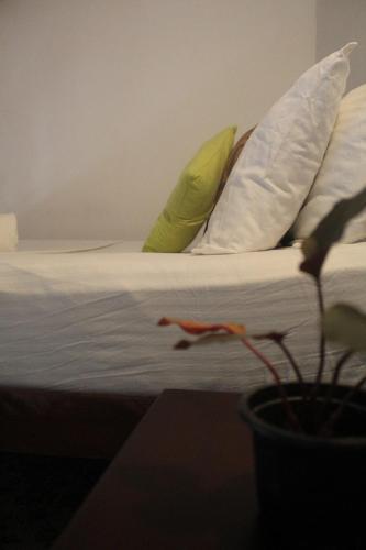 a bed with white pillows and a potted plant at Kandyan Lounge in Kiribatkumbura