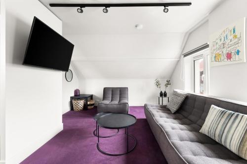 a living room with a couch and a tv at Bed & Bike De Dorsvloer in Domburg