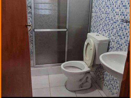 a bathroom with a shower and a toilet and a sink at La rana alquiler temporal in Reyes
