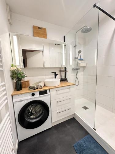 une machine à laver dans une salle de bain avec douche dans l'établissement Le Cocon - Superbe T3 - Parking - Terrasse, à Reims