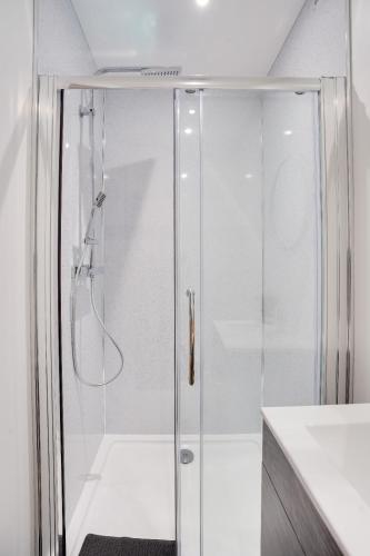 a shower with a glass door in a bathroom at No 3 at The Rocketroom Apartments in Berwick-Upon-Tweed