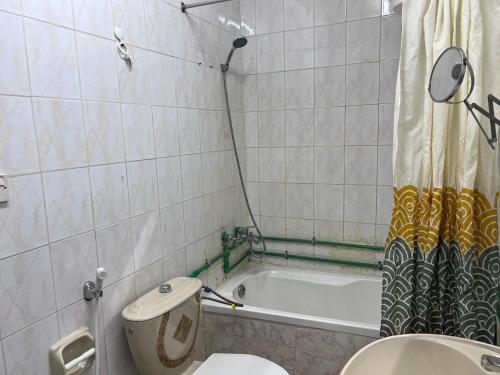 a bathroom with a toilet and a bath tub at Queen Cleopatra suite in Ajman 